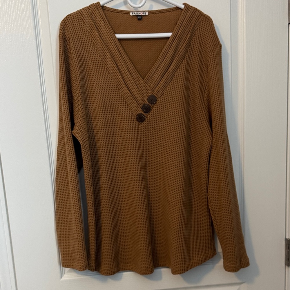Brown Long Sleeve Waffle Knit Top